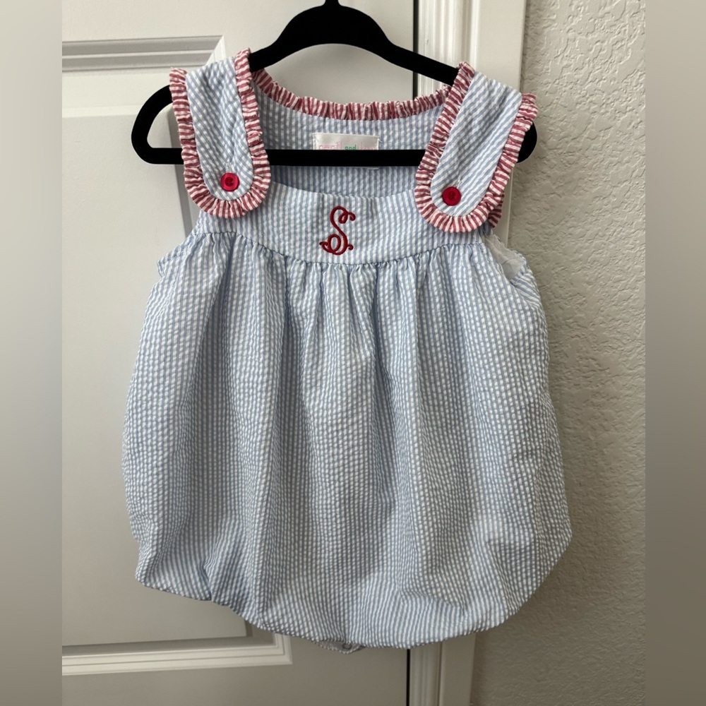 Blue and White Striped Baby Romper with Red Accents